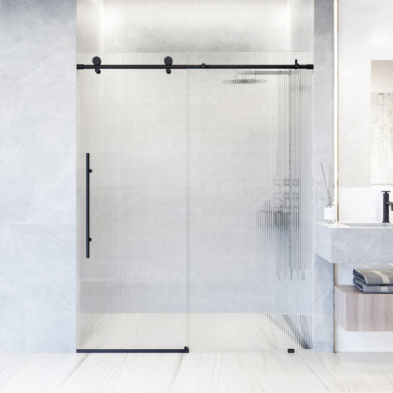 Porte de douche coulissante sans cadre avec verre cannelé 3/8 po Elan E 56 po x l 76 po, Noir mat, Gauche
