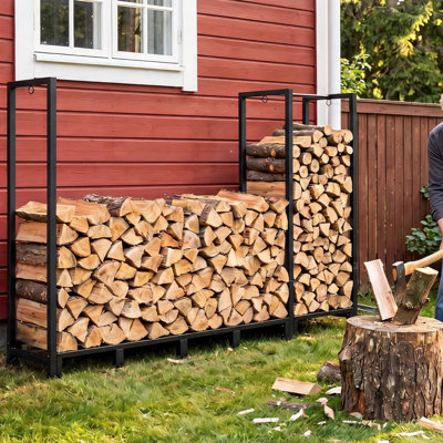 8FT Heavy Duty Firewood Rack with Kindling Storage – Indoor & Outdoor Metal Wood Holder, 1000 lbs Capacity, Black