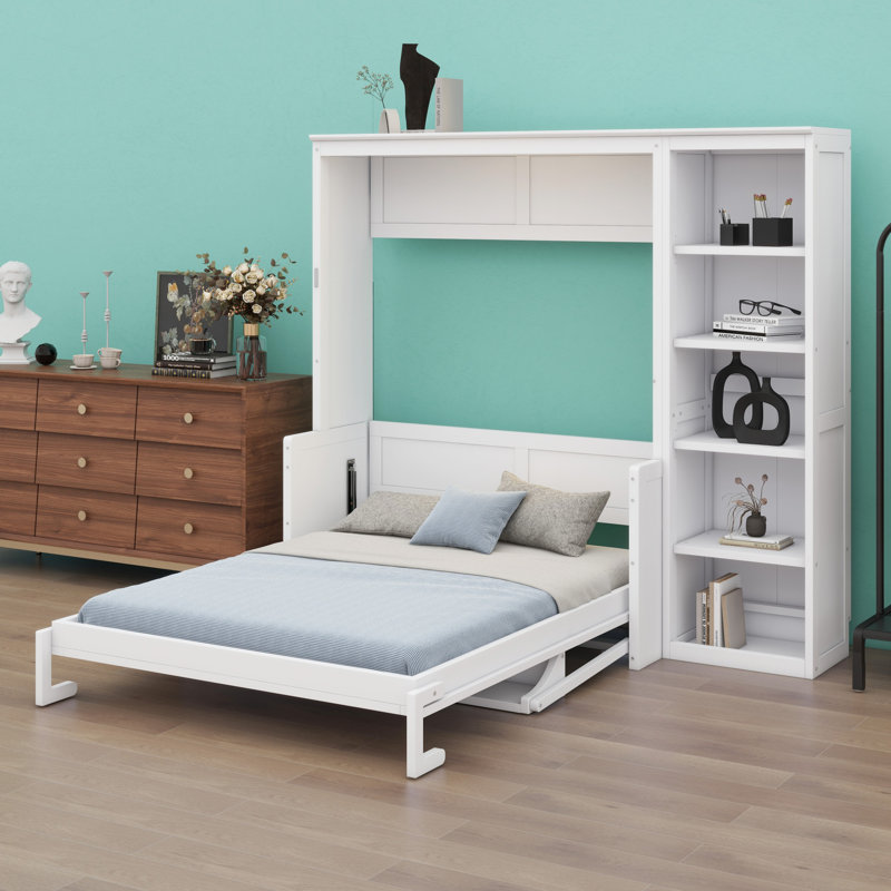 Murphy Bed With Desk And Bookshelf, Queen, White