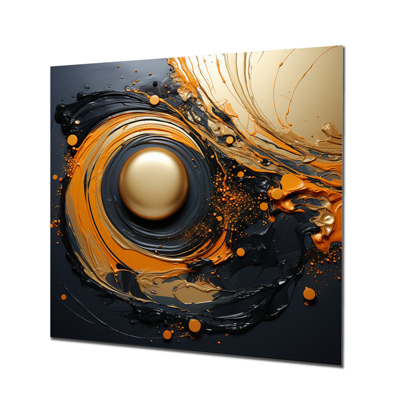 Marbre noir et orange I - décoration murale abstraite en métal, H 16 po x l 16 po