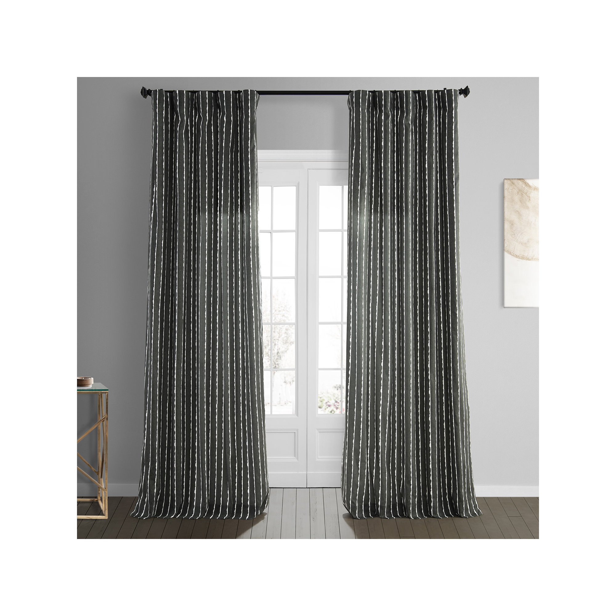 Contemporary Brushstroke Chic Stripe Printed Cotton Room Darkening Curtains - Single Panel, 50" W x 84" L, White/Black