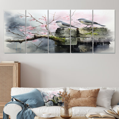 «Gray and Pink Spring Songbirds Blooms - Landscape», ensemble d'art mural 5 pièces