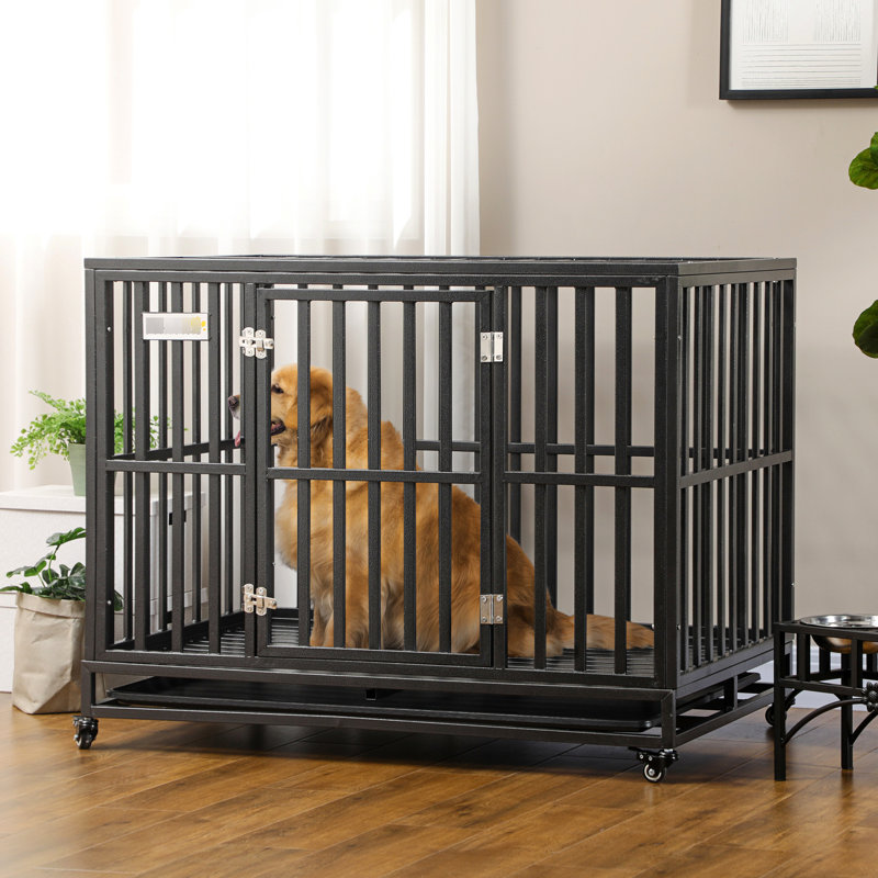 Chenil en métal de grande race avec mouvement verrouillable et base sanitaire avec roulettes pour abri pour chien, lavable, 45 po x 29,5 po x 35 po, pour grands chiens