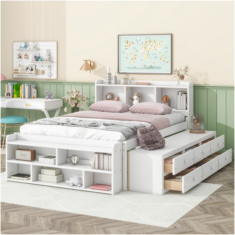 Lit double avec tête de lit bibliothèque, tiroirs de rangement sous le lit et étui de rangement pour bout de lit, blanc