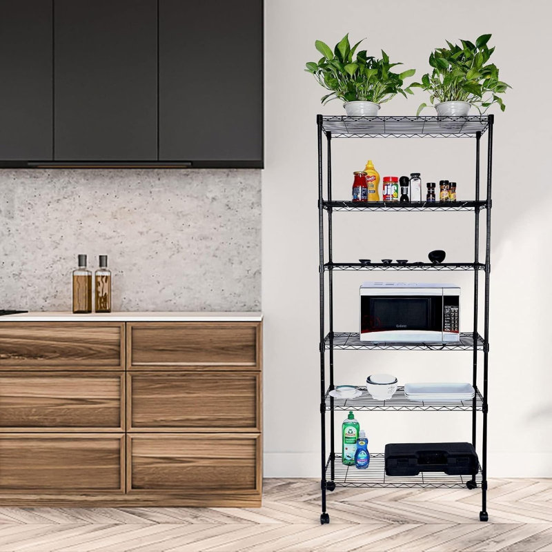  Étagère robuste à 6 tablettes avec roulettes, avec crochets de suspension, étagères grillagées, unités de rangement réglables, P 30 po x l 14 po x H 72 po, 6 niveaux, noir