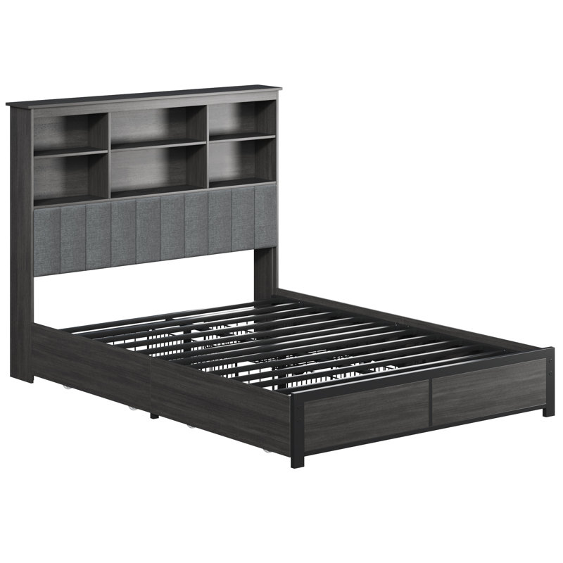 Metal Bed Frame with Bookcase Headboard, Rustic Gray