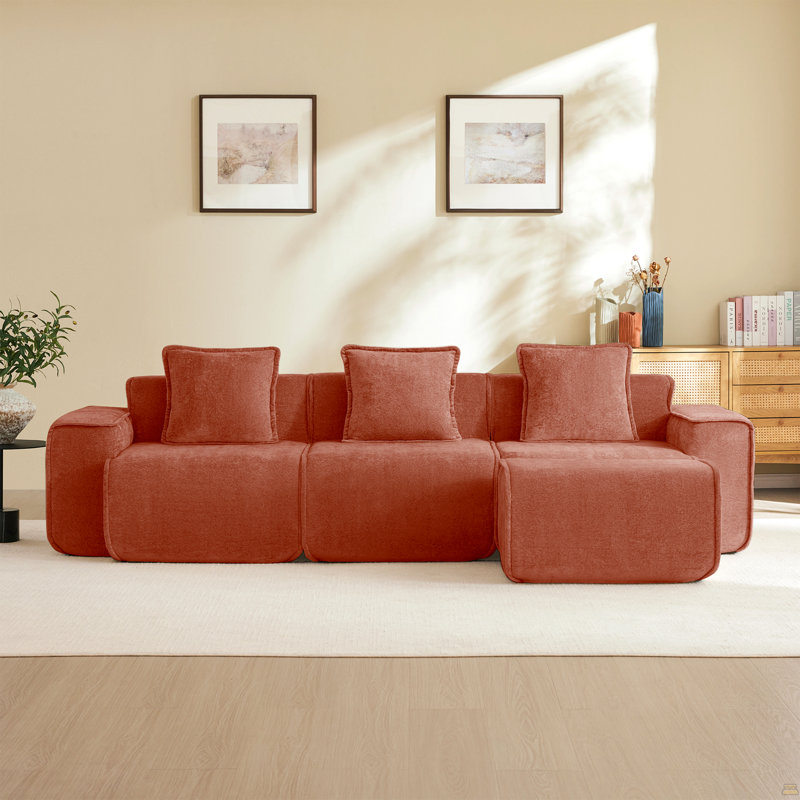 Canapé modulaire modulaire en L à 3 places avec passepoil à bordure française, aucun assemblage requis, canapé à 3 places avec coussins décoratifs et 1 repose-pieds mobile, tissu en velours rouge