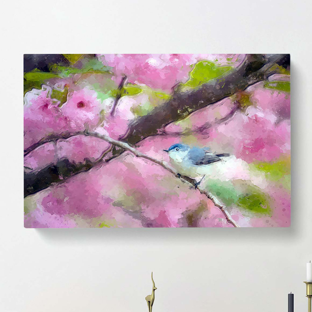 Bird in the Cherry Blossom Tree in Abstract - Wrapped Canvas