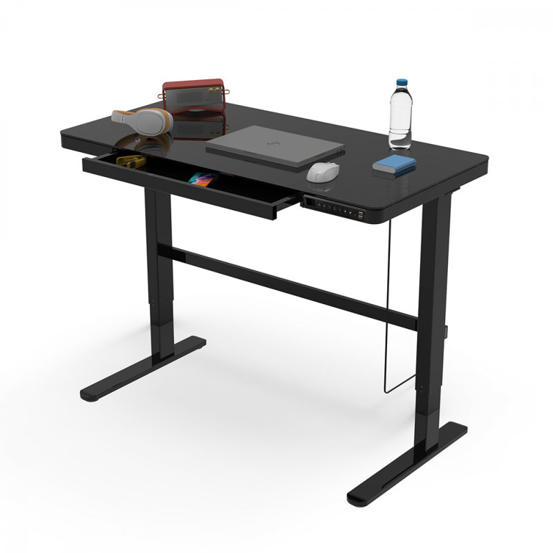 Bureau debout électrique en verre avec tiroir et charge USB - Uncage, Noir, noir, noir, noir