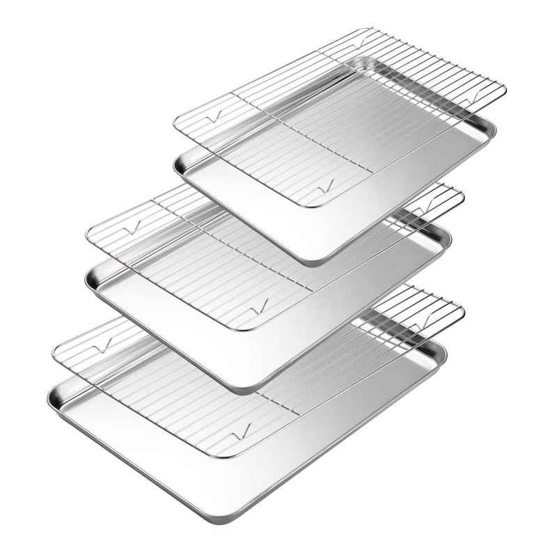 Baking Sheet With Cooling Rack Set Of 6, 3 Premium Stainless Steel Cookie Sheets And 3 Wire Racks, Kitchen Nonstick Baking Pans Set Includes 3 Different Sizes, Heavy Duty Non Toxic