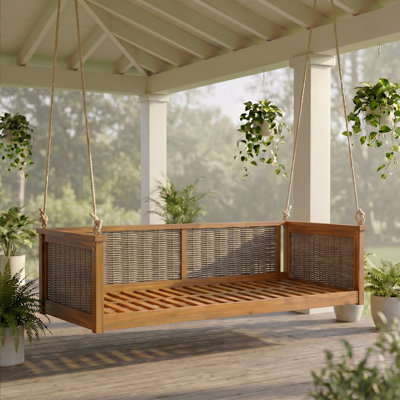 Outdoor Classic Solid Wood Twin Size Swing Bed, Garden Porch Rattan Swing Frame With Long Ropes For Poolside, Backyard, Teak