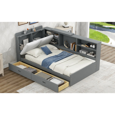 Lit plateforme élégant avec rangement tête de lit simple, tablettes, 2 tiroirs, chambre à coucher en bois Grace