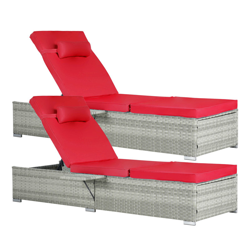 Outdoor Chaise Lounge Chair Set Of 2 With Patio Pool Chairs Tanning Lounges For Outside,Beach Rattan Recliners With Adjustable Backrest, Table, Cushion For Poolside Backyard Garden
