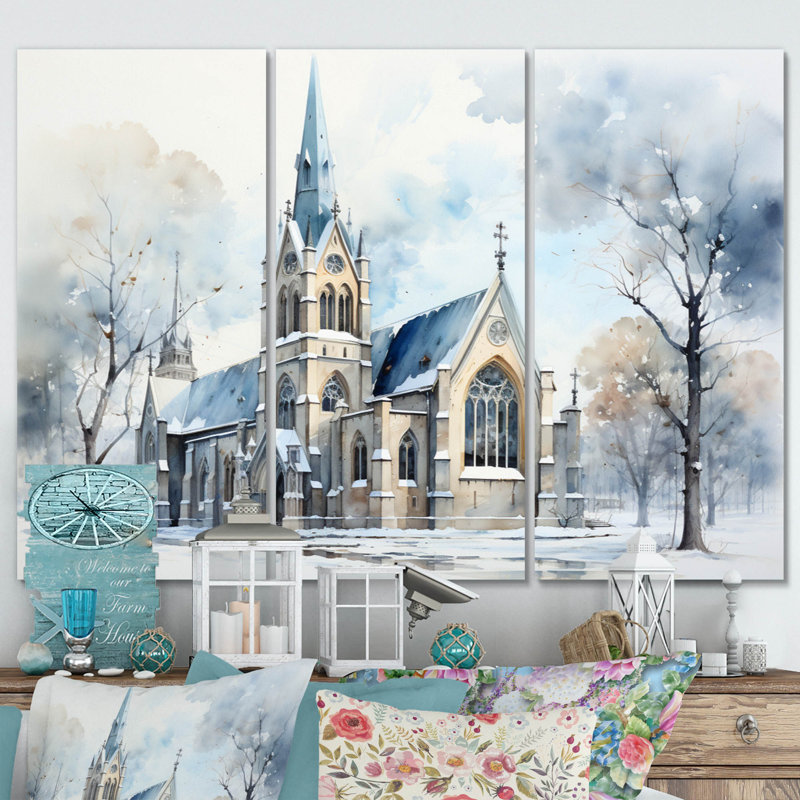 Église minimalisme harmonie sur toile, 3 pièces, H 28 po x l 36 po x P 1 po