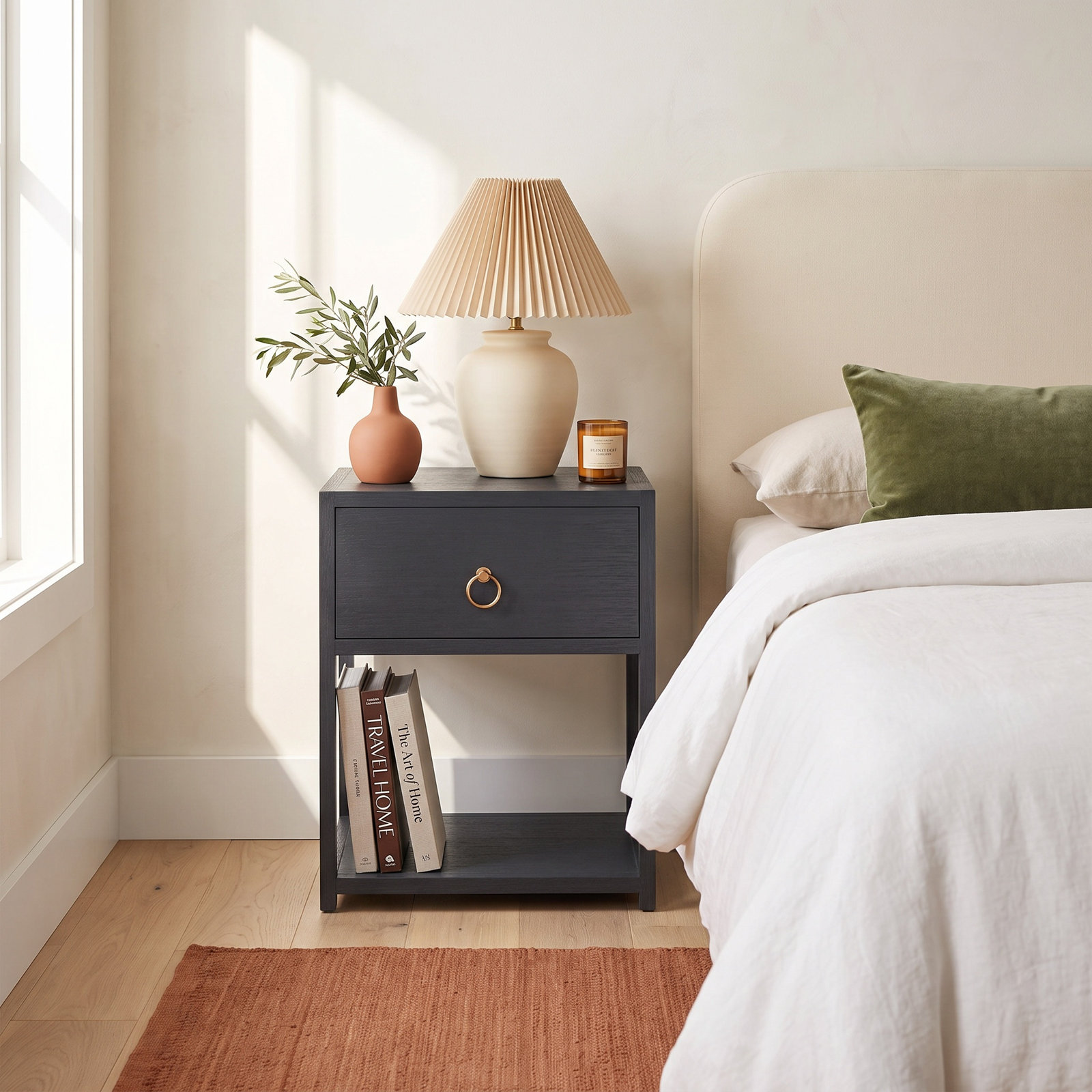 Elin 1-Drawer Acacia Nightstand, Navy Blue