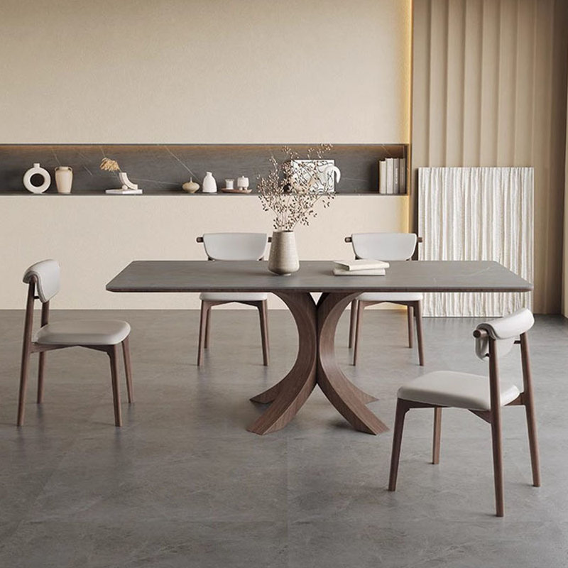 Modern Matte Rock-Plate Dining Table Chair Set 4 - Person Pedestal Base Dining Set, 29.5"H x 70.8"L x 35.4"W
