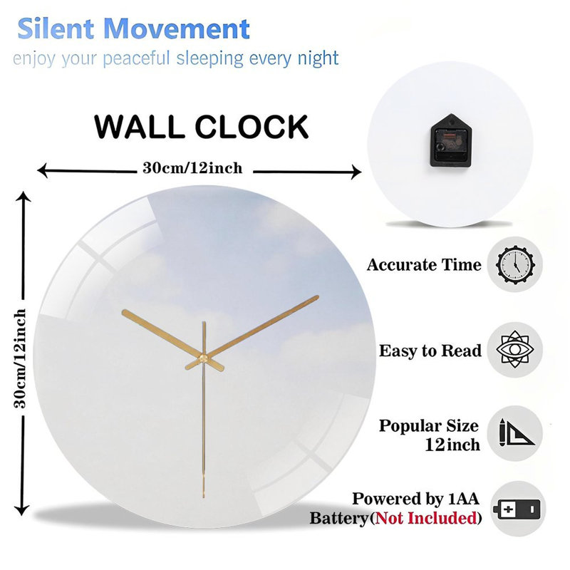 Horloge murale 12 po ronde en verre trempé avec mouvement à quartz silencieux, Bleu ciel