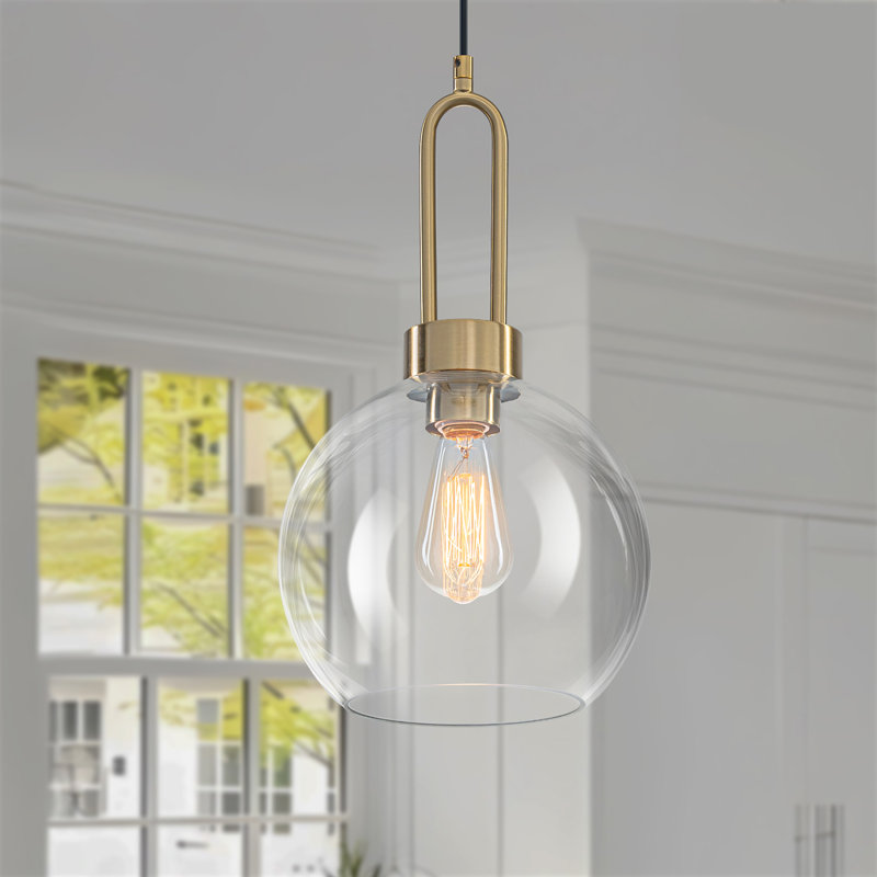 Luminaire suspendu simple à 1 lumière avec globe en verre transparent Hageman, Doré