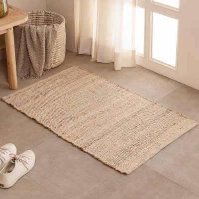 Tapis de couloir rectangulaire en jute et coton naturel | Tapis réversible tissé à la main de style bohème champêtre pour couloir, cuisine et entrée | 60 x 90 cm | Naturel