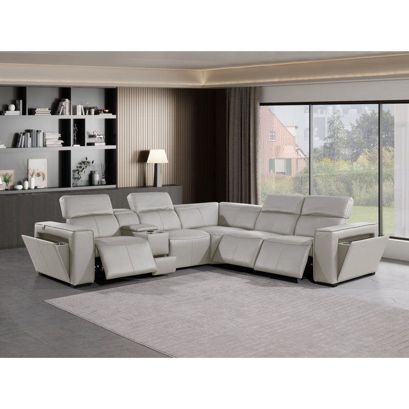Top Grain Italian Leather 6-Piece L-Shaped Modular Power Reclining Sectional With 3 Power Recliners & Power Headrests