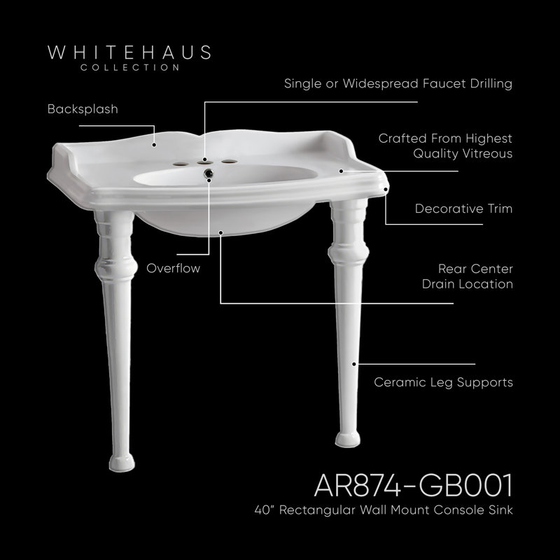 Whitehaus Collection 40" Rectangular Console Sink With Integrated Oval Bowl, Backsplash, Ceramic Leg Support And Overflow