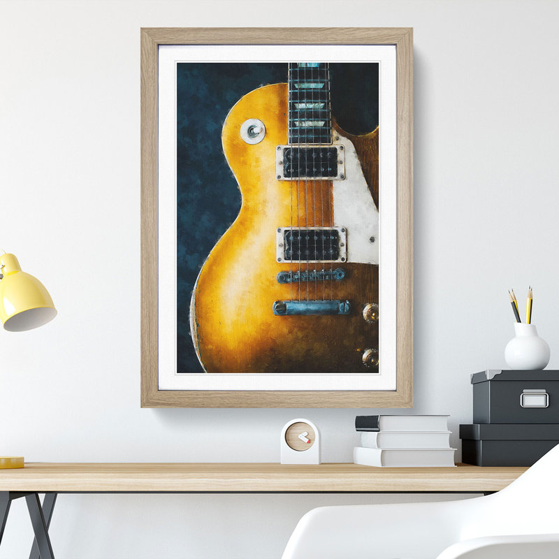 Aged Electric Guitar - Picture Frame Painting Print, 33cm H x 24cm W x 2cm D, Oak Framed