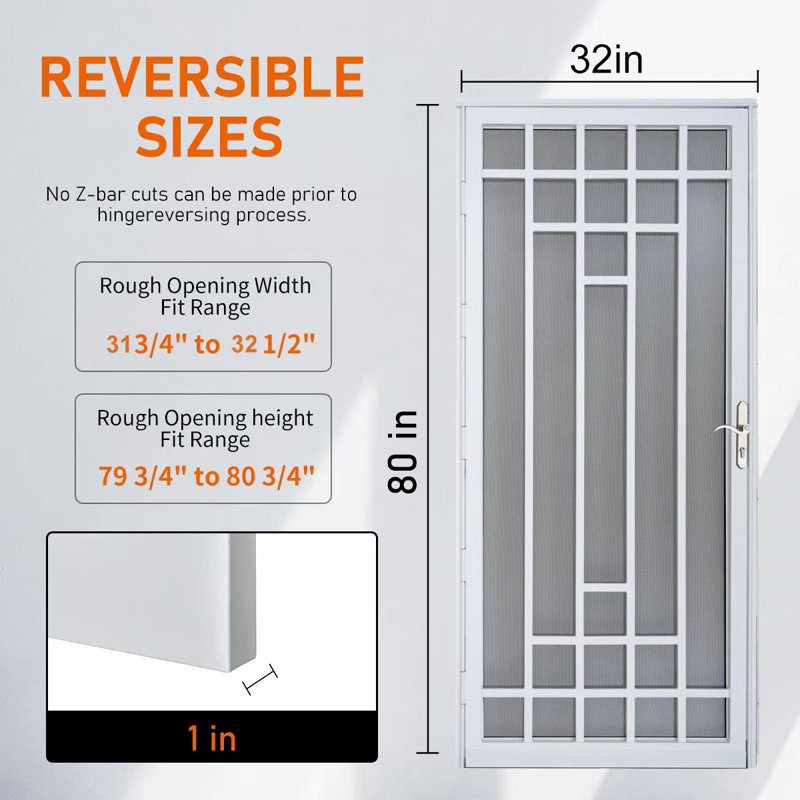 Porte de sécurité en acier gris de luxe Grisham, porte de tempête en fer 32 po x 80 po, blanc