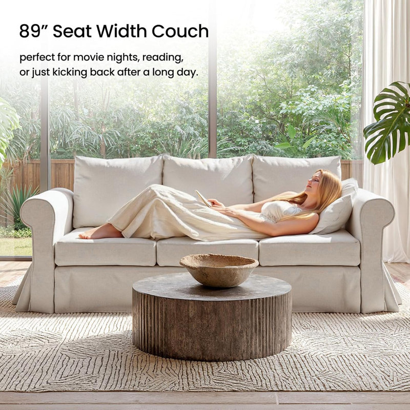 89" Comfortable 3-Seater Sofa For Living Room, Soft Slipcovered Couch With Washable Cover, Supportive Cushions & Sturdy Frame