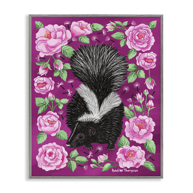 «Skunk & Rose Blossoms», art de la giclée encadrée par Renee Thompson, H 14 po x l 11 po, Giclée encadrée noir minuit