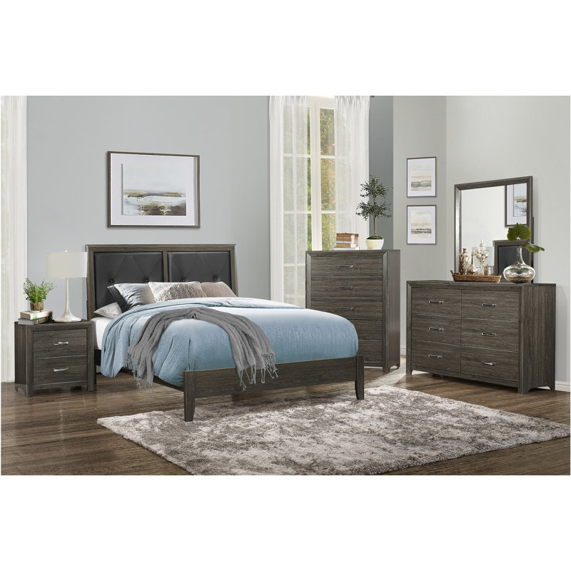 Ensemble de chambre avec lit plateforme 6 pièces, Grand, Espresso, Trois pièces : lit, commode et miroir