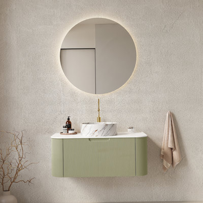 Meuble-lavabo de salle de bain 36 po avec lavabo, lavabo à fixation murale à bords arrondis flottants avec tiroir, lavabo en céramique blanc avec motif de pierre, pré-assemblé, vert clair