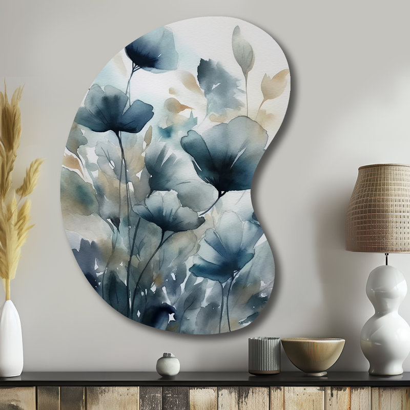«Blue Leaf Foliage and Flowers III - Asymmetric Leaves», art mural en métal à forme unique, H 39 po x l 28 po