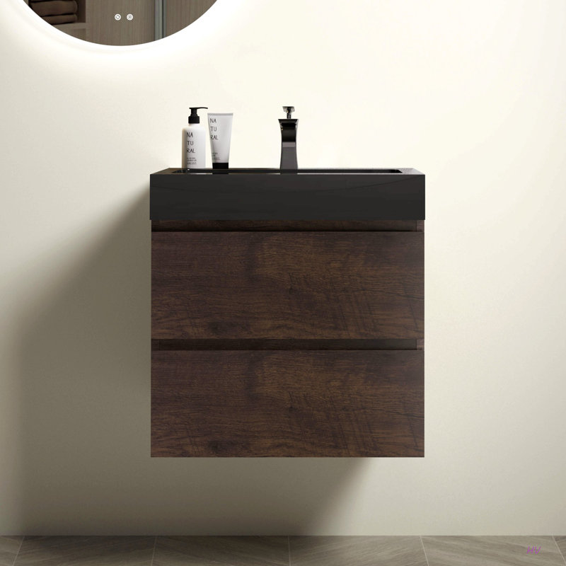 Meuble-lavabo mural 24 po avec lavabo, grand meuble-lavabo flottant mural pour salle de bain moderne, lavabo une pièce sans drain ni robinet, pré-assemblé