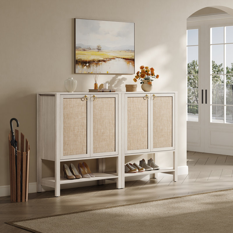 Pomodoro Boho Shoe Cabinet with Adjustable Shelves, White Cream Oak, Set of 2