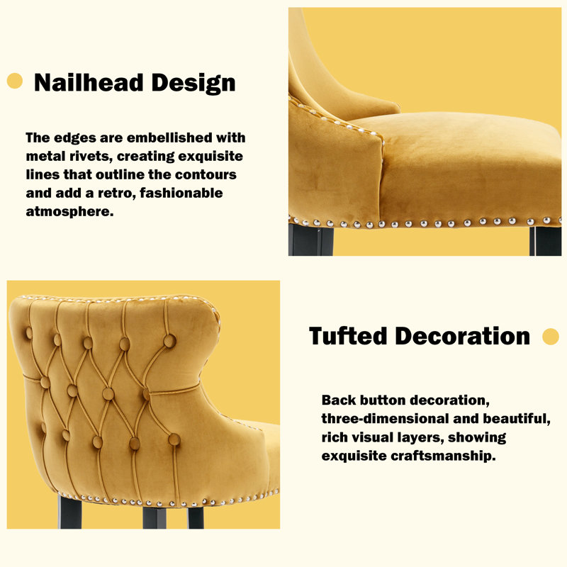 Modern Solid Wood Velvet Upholstered Bar Stools (Set of 4), Yellow