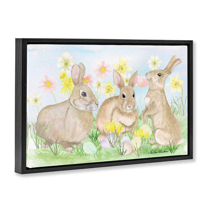 Cadre flottant Three Bunnies In The Grass, design par Lee Ann Sanders, Cadre flottant noir de jais, H 17 po x l 25 po