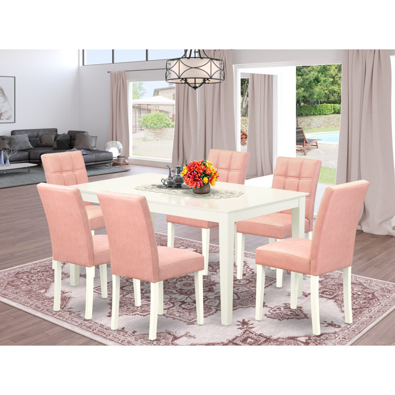 7 Piece Modern Dining Table Set Includes A Dinner Table and 6 Beige Red Polyester Fabric Wood Chairs with Stylish Back- Linen White Finish