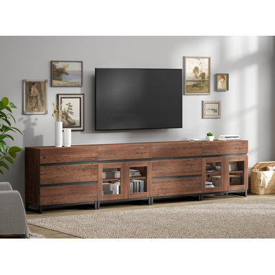 Meuble télé moderne 4 en 1 pour téléviseur, console de télévision avec portes en verre et 8 tiroirs, centre de divertissement avec tablette réglable pour le salon