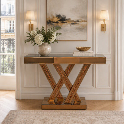 Console miroir de 90 cm avec incrustations de diamants broyés et pieds en forme de W pour salon