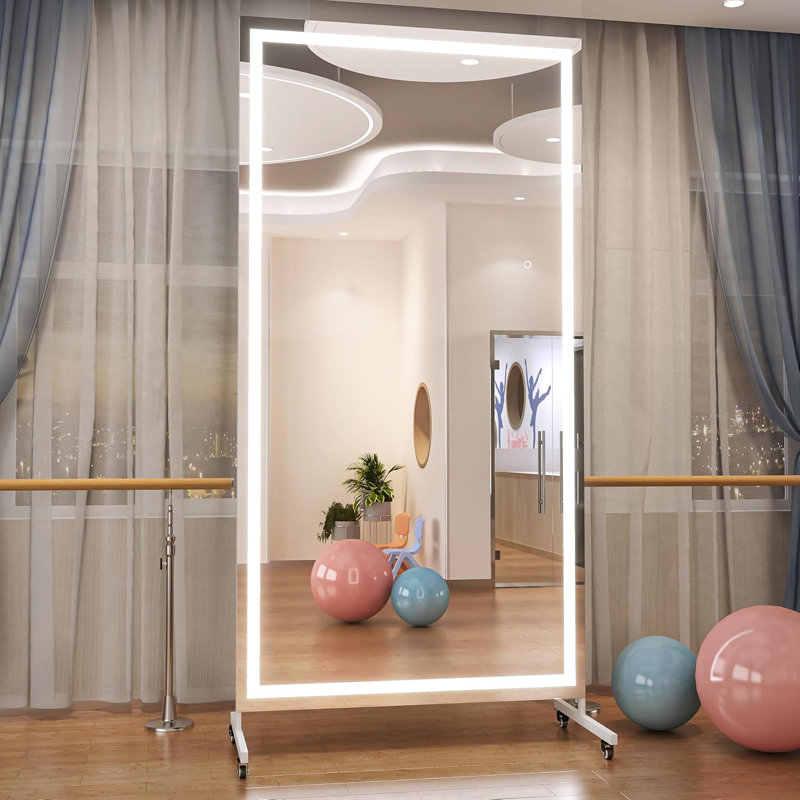 Home Gym LED Mirror 360° Swivel on Wheels with Lights,Extra Large Full Body Rolling Mirror, Tempered Glass Easy to Move Full Length Mirror for Yoga Studio, Bedroom, Dancing Studio 3-Year Warranty