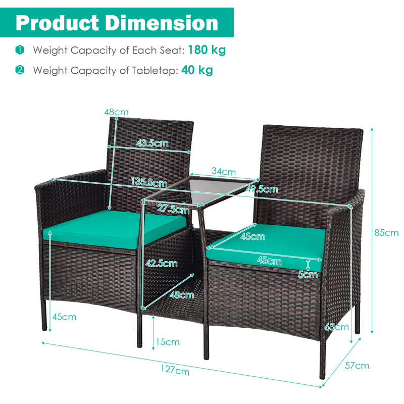 Banc tête-à-tête en rotin Patiojoy, Turquoise