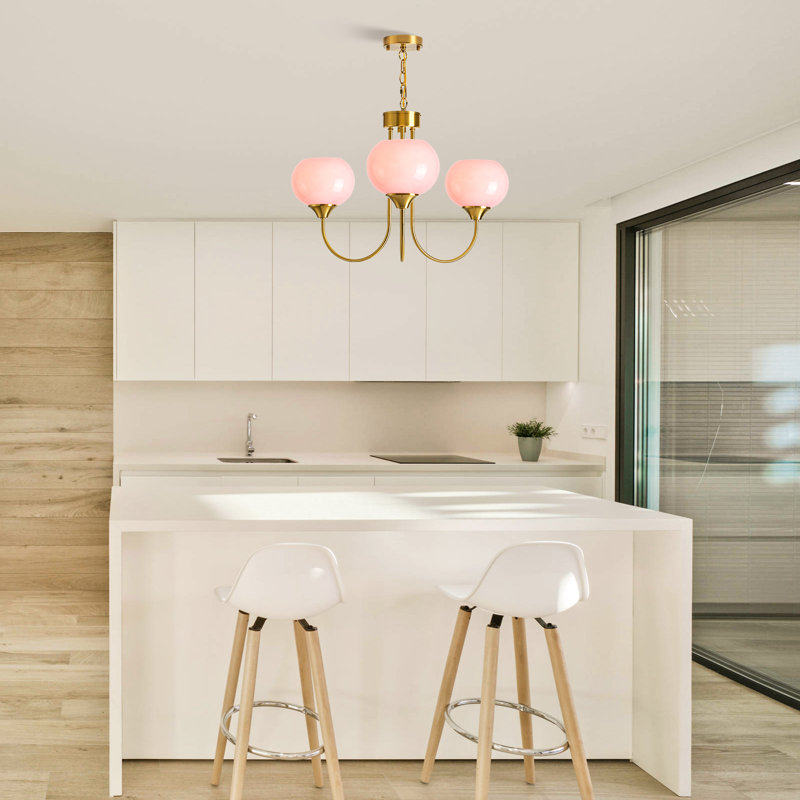 Luminaire suspendu en forme de globe 22 pouces 3 lumières Mid-Century , Chaîne de suspension, Rose, 3 Lights