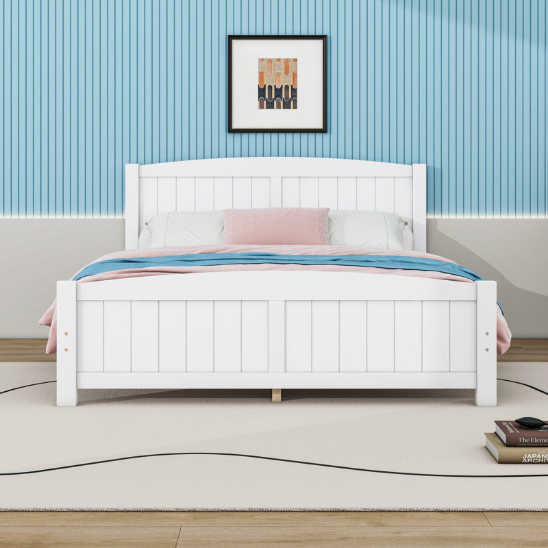 Lit plateforme en bois avec tête de lit et pieds centraux, Double, Blanc