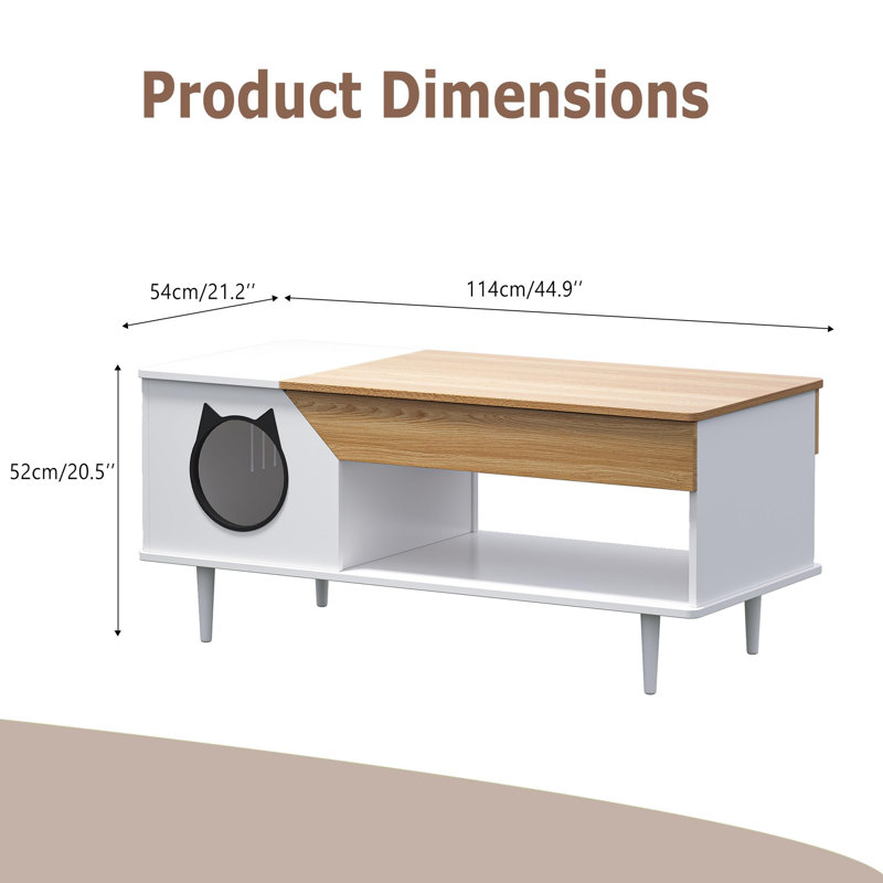 Table basse rustique en bois de 114 cm (45 pouces) adaptée aux chats, avec compartiment caché pour la litière, tiroir de rangement et porte d'entrée en forme de tête de chat, mobilier blanc pour animaux de compagnie dans le salon