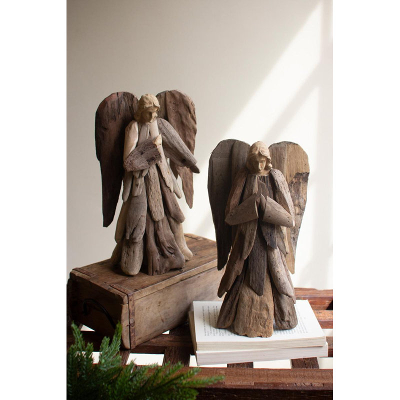 Ensemble de 2 anges en bois naturel Kalalou Driftwood H 12 po