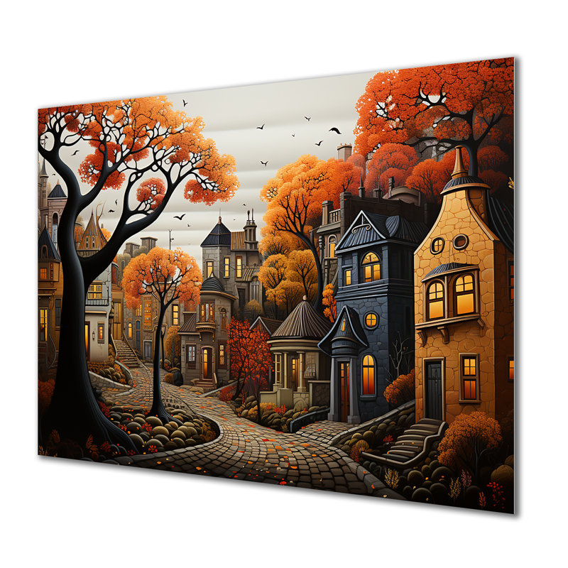 Cozy Village In Autumn Moonlit III - City Art Deco Metal Wall Art, 12" H x 20" W x 1" D