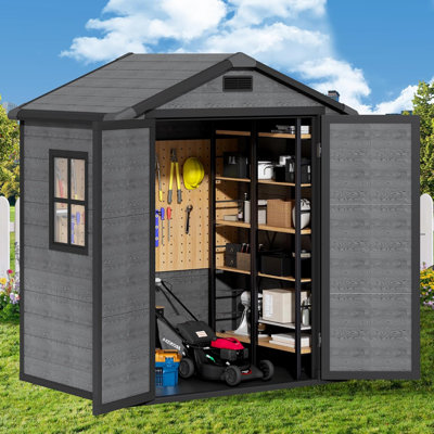 Outdoor Storage Shed, 6x4.4 FT Resin Shed with Floor, Weather-Resistant Plastic Garden Shed with Window, Lockable & Vents, for Garden Tool Outside Sheds, Bike Shed, Backyard Shed