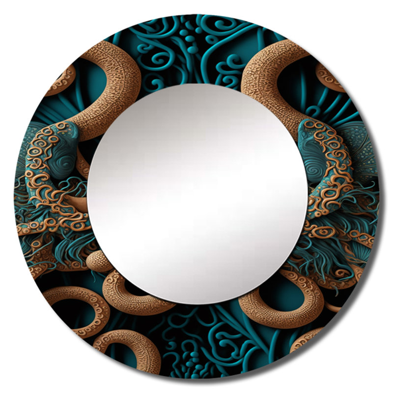 Majestic Otherworldly Octopus - Octopus Decorative Wall Mirror, Brown Large Round Mirror, Printed Metal Art, 29" x 29"