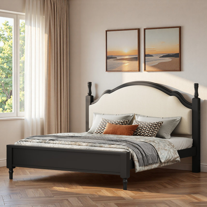 Lit plateforme en bois avec tête de lit tapissier et pieds robustes, Noir / Beige, Grand