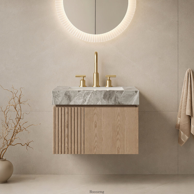 Meuble-lavabo flottant 24 po en chêne brun avec plateau gris clair, lavabo en céramique et 3 trous de robinet, Chêne brun